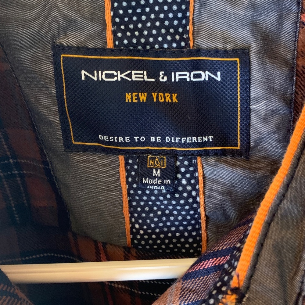 NWT Nickle & Iron Men's Medium Plaid Button Down Shirt Brown Navy - Picture 2 of 9